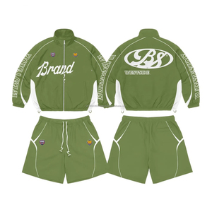 ชุดวอร์มแบบยูนิเซ็กซ์ผ้าฝ้าย ชุดจ็อกเกอร์ 2 ชิ้น ชุดเซ็ตเสื้อฮู้ดและกางเกงขาสั้น แต่งลายปะติดปะต่อ สไตล์วินด์เบรกเกอร์ทรงหลวมสำหรับผู้ชาย - Product Image 2