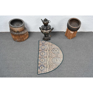 พรมขนสัตว์ตุรกี1.5ft วินเทจสีเบจและน้ำเงินดีไซน์แบบเย็บปะติดปะต่อกันแผ่นยางรองแบบสานเรียบสำหรับตกแต่งห้องนั่งเล่น - Product Image 3