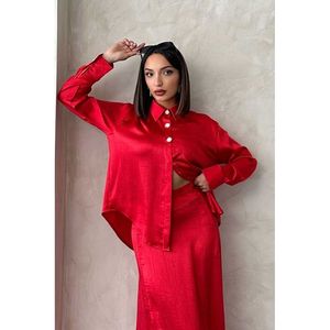 TOPSHOW Women's Elegant <b>Red</b> Crushed Satin <b>Blouse</b>, 100% Polyester Solid Color Full Sleeve Shirt for Wholesale - Product Image 2