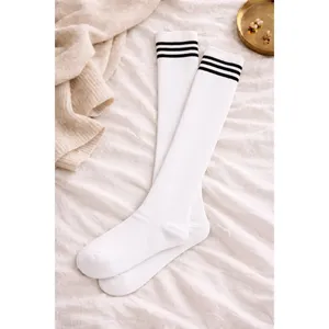 White Nylon <b>Knee</b>-<b>High</b> <b>Socks</b> with Black Circle Jacquard Pattern Breathable Knitted Design for Daily Use Custom Logo Spring Season - Product Image 2