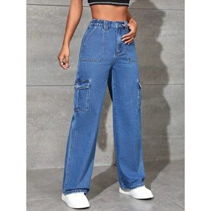 Jeans Cargo de Mezclilla para Mujer, Color Azul Piedra, Cintura Alta, 6 Bolsillos, Corte Holgado, Transpirables, Ecológicos, Estilo Vintage, Tallas 26 a 40 - Product Image 6