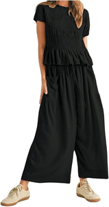 Conjunto informal de lino y algodón negro para mujer, Top de manga corta con cuello redondo y pantalones de pierna ancha, cómodo atuendo de dos piezas - Product Image 6