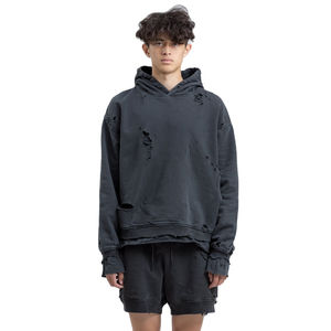 Sweat à capuche personnalisable pour hommes 100% coton à capuche lourde surdimensionnée épaule tombante Logo noir sérigraphié Sweats à capuche en détresse avec OEM - Product Image 1