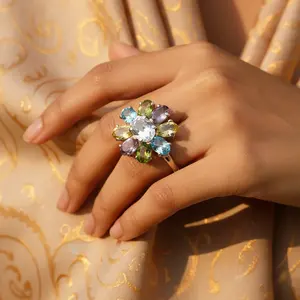 Anillo de Plata Estilo Boho para Mujer con Flores, Múltiples Piedras Preciosas, Patrón Geométrico, Chapado en Rodio, Material Platino, Incrustaciones de Piedras Talladas, Bonito - Product Image 2