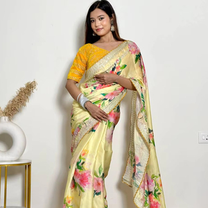 Nuevo indio bellamente Digital impreso poliéster sombreado Chinnon seda Saree invierno ocasión especial para festivales y bodas - Product Image 1