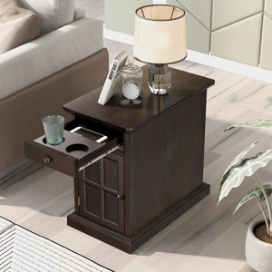 Vintage Espresso bijzettafel met USB-oplaadstation en bekerhouderlade, multifunctionele bijzettafel voor de woonkamer - Product Image 3