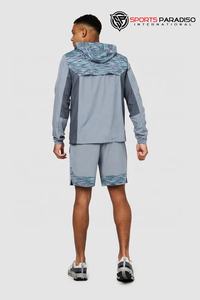 ชุดวอร์มกีฬาผู้ชายแบบมีฮู้ด เสื้อแจ็คเก็ตกันลมน้ำหนักเบา เสื้อยืดและกางเกงขาสั้น แห้งเร็ว ผ้าฝ้ายฟลีซ 100% ชุดออกกำลังกาย - Product Image 4