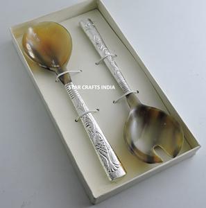 Wholesale Premium Quality Horn Salad Servers Set of 2 Pcs Premium Kitchenware <b>Serving</b> <b>Spoons</b> for Parties From India - Product Image 5
