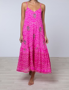 Robe midi rose fuchsia à col en V, coupe trapèze, broderie de sequins, 100% coton, imprimé artisanal, grande taille, bretelles spaghetti ajustables - Product Image 3