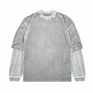 100% coton Logo personnalisé T-Shirt pour femmes/hommes lavage à l'acide uni Vintage Double couche à manches longues tissu tricoté de haute qualité - Product Image 2