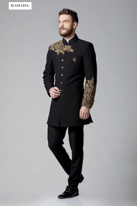 Costume Jodhpuri brodé à la main noir, Sherwani Jodhpuri pour hommes, veste indienne Jodhpuri pour mariage, designer personnalisé, Bandhgala pour hommes - Product Image 5