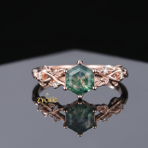 Anillo de Compromiso de Ágata Musgosa Hexagonal, Anillo de Plata de Ley 925 con Diseño de Hojas y Enredaderas, Anillo de Promesa Inspirado en la Naturaleza con Ágata Musgosa y Detalles de Diamantes - Product Image 2