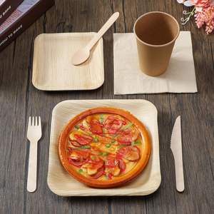 Juego de vajilla desechable de hoja de palma, platos cuadrados de hoja de palma para 50 invitados, platos de postre, tenedores de madera, cucharas, cuchillos, tazas, servilletas - Product Image 3