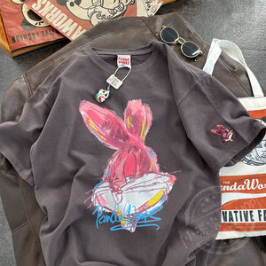 Camiseta de manga corta con patrón de conejo personalizado para mujer 2024 algodón de secado rápido Jersey tela bordada mismo estilo parejas 100% - Product Image 1