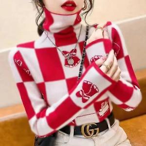 Women Clothing Autumn Winter Color Plaid Print Basic <b>T</b>-<b>shirt</b> High Collar Long Sleeve <b>Thick</b> Warm Pullover Tops - Product Image 4