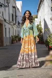 Hot Spring Sale Women's V-Neck Band 100% Cotton Fabric Waist with Pink <b>Floral</b> <b>Tie</b> Dye Sustainable Maxi Dress - Product Image 2