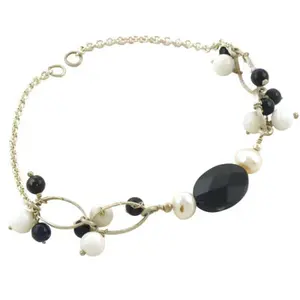 "Charm <b>Bracelet</b> with Freshwater Pearl and Onyx <b>Beads</b> for Women-18K <b>Gold</b> Plated" - Product Image 2