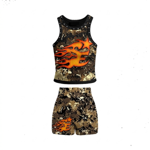 240 GSM Cotton Terry Women Sleeveless Tshirt Short <b>Set</b> Blue Puff Print <b>Paint</b> Splash Custom Logo Outfit Women's <b>Sets</b> - Product Image 3