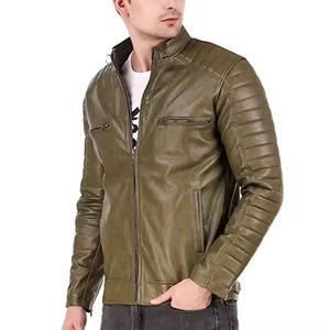 Veste de motard vert olive épaule matelassée coupe ajustée vêtements de moto produit de vente chaud avec nouveau design veste en cuir pour hommes - Product Image 5