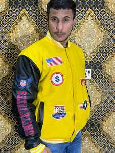 Chaqueta Universitaria Unisex de Diseño Personalizado de Primera Calidad, Cuello Mao, 100% Lana, Mangas de Cuero, Logotipo Frontal en Lona - Product Image 2