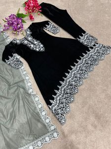 Tissu haut en velours de Viscose lourd avec broderie, travail manuel, manches longues, bas de robe dupata, costume de créateur prêt à l'emploi - Product Image 5