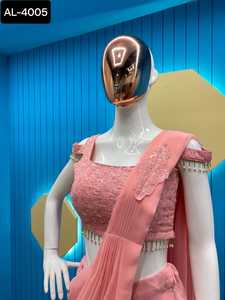 Las mujeres más hermosas usan una secuencia pesada y un trabajo de bordado listo para usar, colecciones de Sari de ropa de fiesta con parche Sari DE TRABAJO - Product Image 5