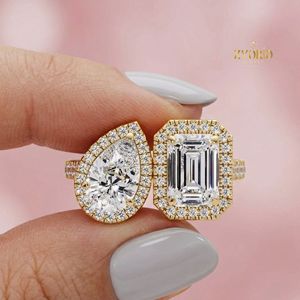แหวนหมั้นทรงลูกแพร์และทรงมรกตแบบ Toi Et Moi Halo ทำจากทอง 14K - Product Image 2