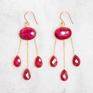 Últimos pendientes de plata de ley sólida 925, piedras preciosas de rubí rojo, ajuste de bisel en forma de corte ovalado, Pendientes colgantes largos, joyería - Product Image 3