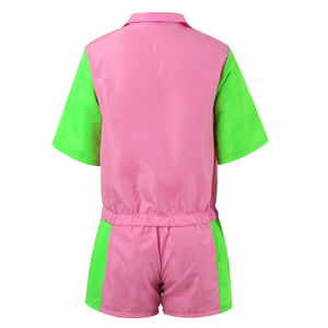 Chaqueta cortavientos de manga corta con cremallera completa en bloques de color verde neón y rosa y pantalones cortos a juego de cintura alta, conjunto deportivo para mujer - Product Image 4