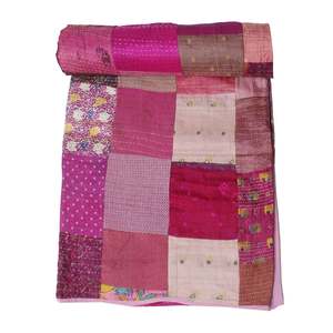 Colcha Vintage India 100% Seda Sari Kantha Patchwork Gudri Ralli, Cubrecama de Algodón con Estampado de Bloques para Uso Doméstico en Invierno - Product Image 6