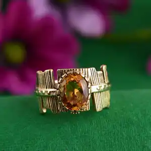 Anillo de Citrino Estilo Boho, Anillos Tribales de Latón para Mujer, Chapado en Oro de 18k, Banda Texturizada, Joyería de Moda, Venta al Por Mayor OEM - Product Image 1