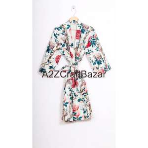 New Arrival Women's Luxury Vintage Short <b>Kimono</b> <b>Robe</b> 100% Cotton Patchwork Floral Pattern V-Neck Three-Quarter Sleeve Drawstring - Product Image 6