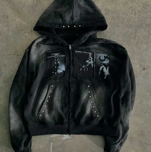 Sudadera con capucha y cremallera de algodón pesado de calidad superior Sun Faded Wash recortada estilo callejero parche desgastado bordado diamantes de imitación estilo de invierno - Product Image 2