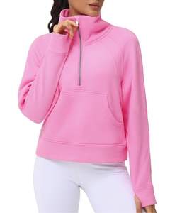 <b>Women</b> Pink <b>Half</b> <b>Zip</b> <b>Fleece</b> Hoodie Warm Oversized Pullover With Kangaroo Pocket Casual Winter Sweatshirt Streetwear - Product Image 1