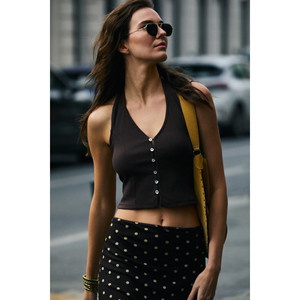 GRIMELANGE ZEMKI Women'<b>s</b> Soft <b>and</b> Stretch Fabric Buttoned Halter Neck <b>Blouse</b> - Product Image 1