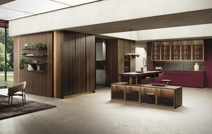 Ensemble de meubles de cuisine modulaires de luxe en verre rouge cramoisi, fabriqués sur mesure à 100 % en Italie, avec grand rangement en verre LED et îlot de cuisine - Product Image 4