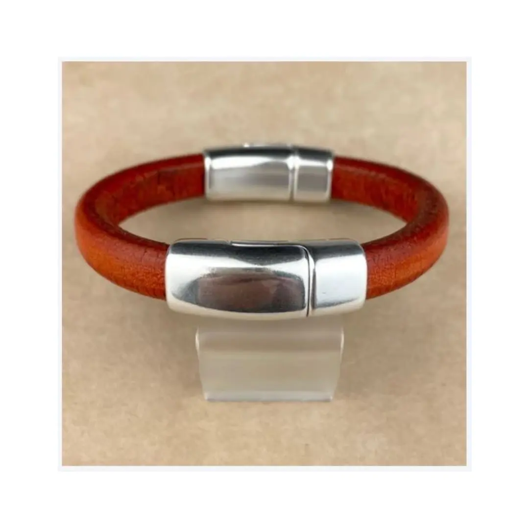 Unisex Distressed Orange Leather Cobo Bracelet with Double Antique Silver Magnetic Clasps Best Price for Gift Giving