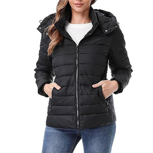 Women's Knitted Hooded Quilted Jacket Polyester Wadding Black Winter Coat Full Sleeve <b>Zipper</b> Closure Solid Color Regular Fit - Product Image 4