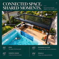 Cuisine encastrée moderne au bord de la piscine avec pavillon barbecue, gazebo et espace de divertissement extérieur