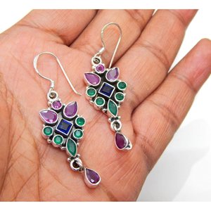 925ต่างหูพลอยนิลสีเขียวเงินสเตอร์ลิงดีไซน์ดอกไม้หรูหราสำหรับงานแต่งงานสไตล์มินิมอลหินหยกธรรมชาติสวยงาม - Product Image 3