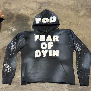 Sudadera con capucha extragrande de algodón polar personalizable de 500 GSM con lavado ácido, parche bordado desgastado y bajo sin rematar para invierno - Product Image 1