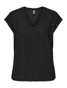 T-shirt pour femme à col en V et manches courtes, coupe ample, tricoté, 100% polyester, noir uni, respirant, style décontracté printemps-été - Product Image 1