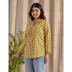 Multi Yellow Butti Cotton <b>Top</b> with Front Buttons Breathable Feature - Product Image 6