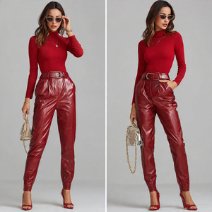 Fashionable Red Leather Pants Women <b>Winter</b> Outwear PU Leather <b>Trouser</b> Pant Ladies Sheep Skin Genuine Leather Pant Women's - Product Image 2