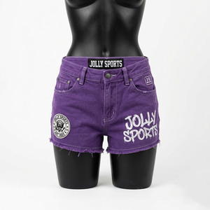 Shorts de mezclilla morados premium para mujer, 320 GSM, algodón y spandex, tela elástica, logotipo personalizado, shorts para realzar glúteos. - Product Image 1