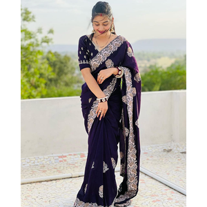 Hermosa Zari Thread Stone Work Blooming Vichitra Saree Diseñador de calidad premium Ropa de fiesta de boda Precio bajo Ocasiones especiales - Product Image 1