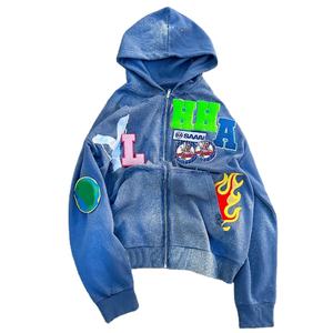 Logo personnalisé Fabricants de haute qualité Fermeture éclair Thermique Surdimensionné Basics Strass Ourlet brut Bord coupé Visage intégral Sweats à capuche zippés - Product Image 2