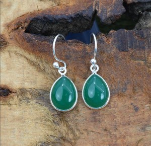 Tendencia auténtica Plata de Ley 925 Natural verde ónix cabujón pera piedra preciosa bisel ajuste gota colgante pendiente para mujer - Product Image 3