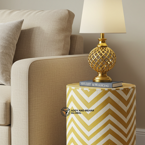 Yellow White Bone Inlay <b>Side</b> <b>Table</b> Handmade Chevron Pattern Drum End <b>Table</b>/Nightstand for Living Room Furniture - Product Image 2