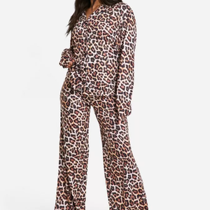 Comfortable Ladies Button Collared Leopard Print <b>Shirt</b> With Wide Leg Trouser Breathable <b>Italian</b> Tracksuit for Women Night Dress - Product Image 6